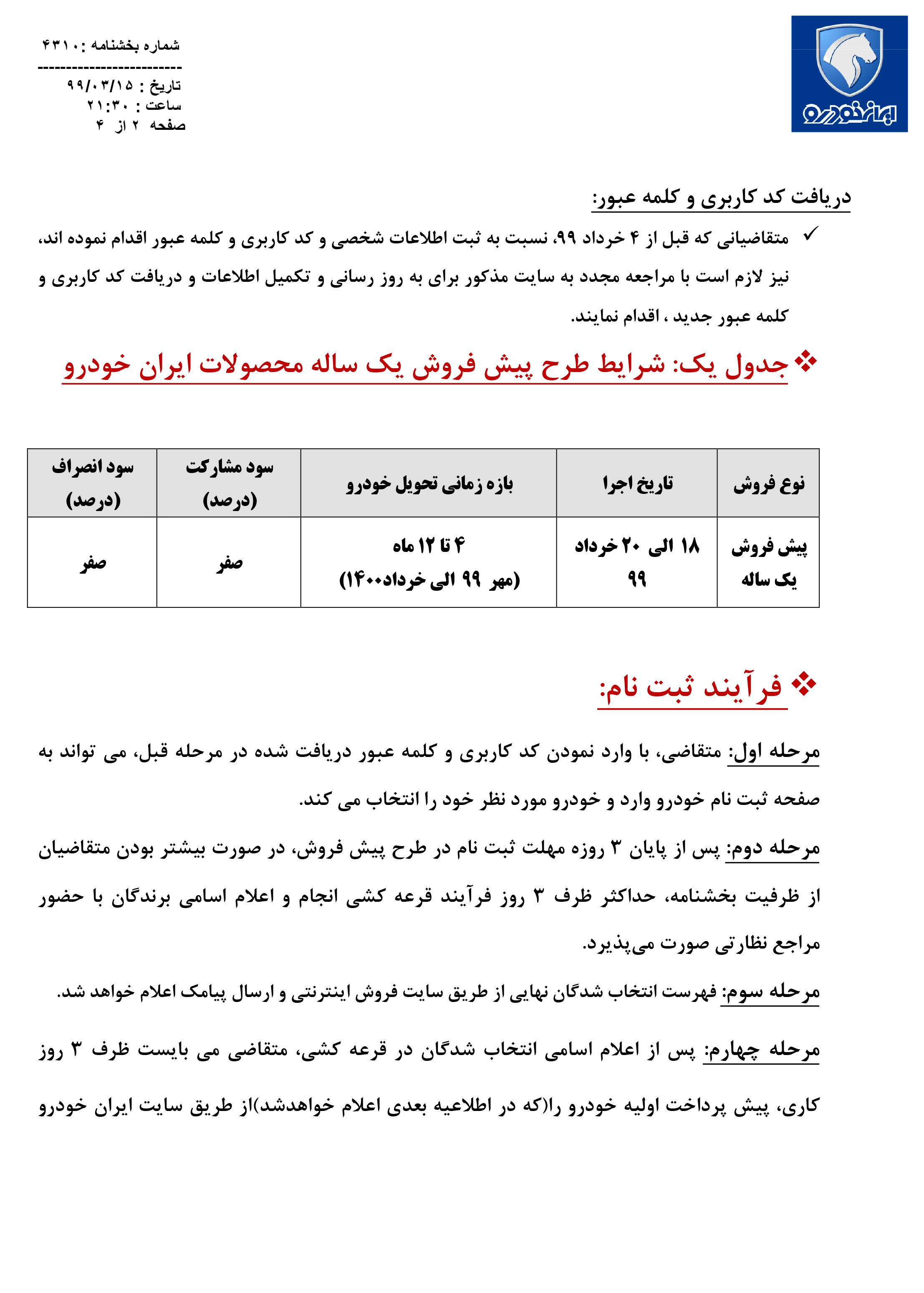 شرایط پیش فروش یکساله ایران خودرو خرداد 99