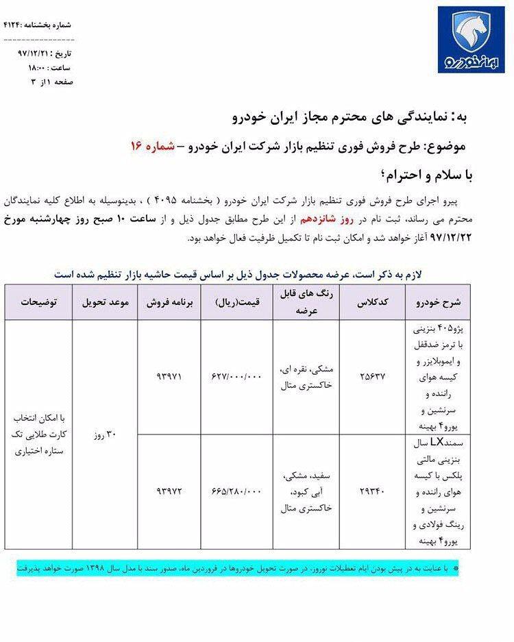 بخشنامه شماره 16 ایران خودرو