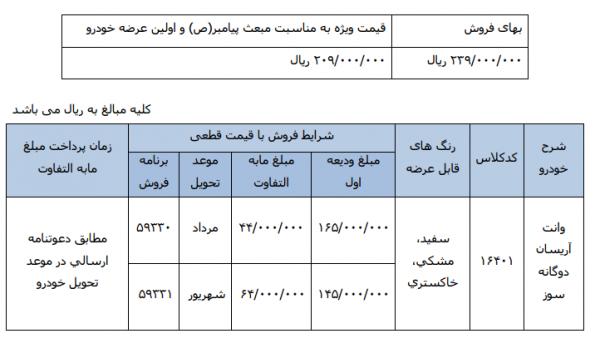 شرایط فروش وانت آریسان