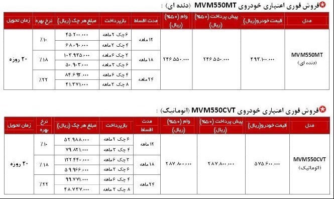 شرایط فروش ام وی ام 550