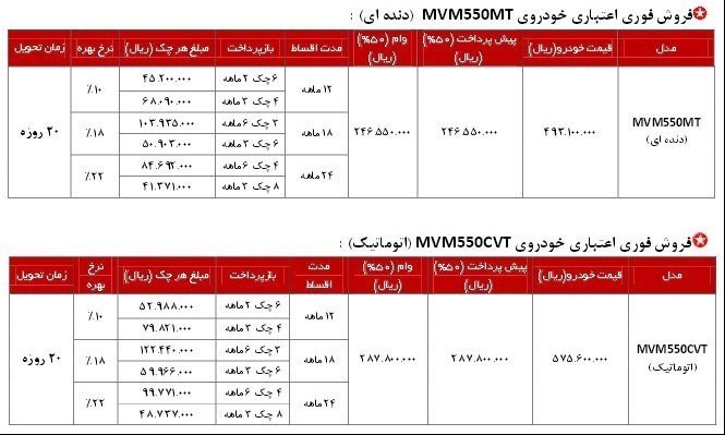 شرایط فروش ام وی ام 550