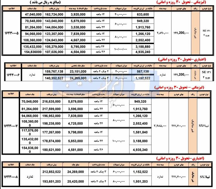 فروش لیزینگی خودروهای  SE131 و تیبا 