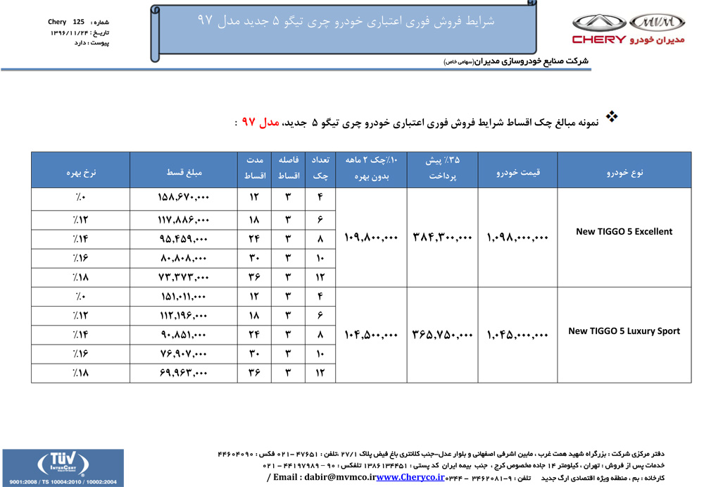 شرایط فروش چری تیگو 5 فروردین 97