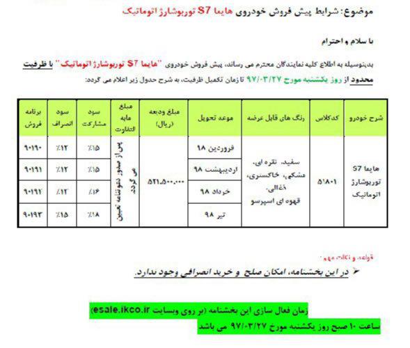 شرایط فروش هایما اس 7 توربو عید فطر