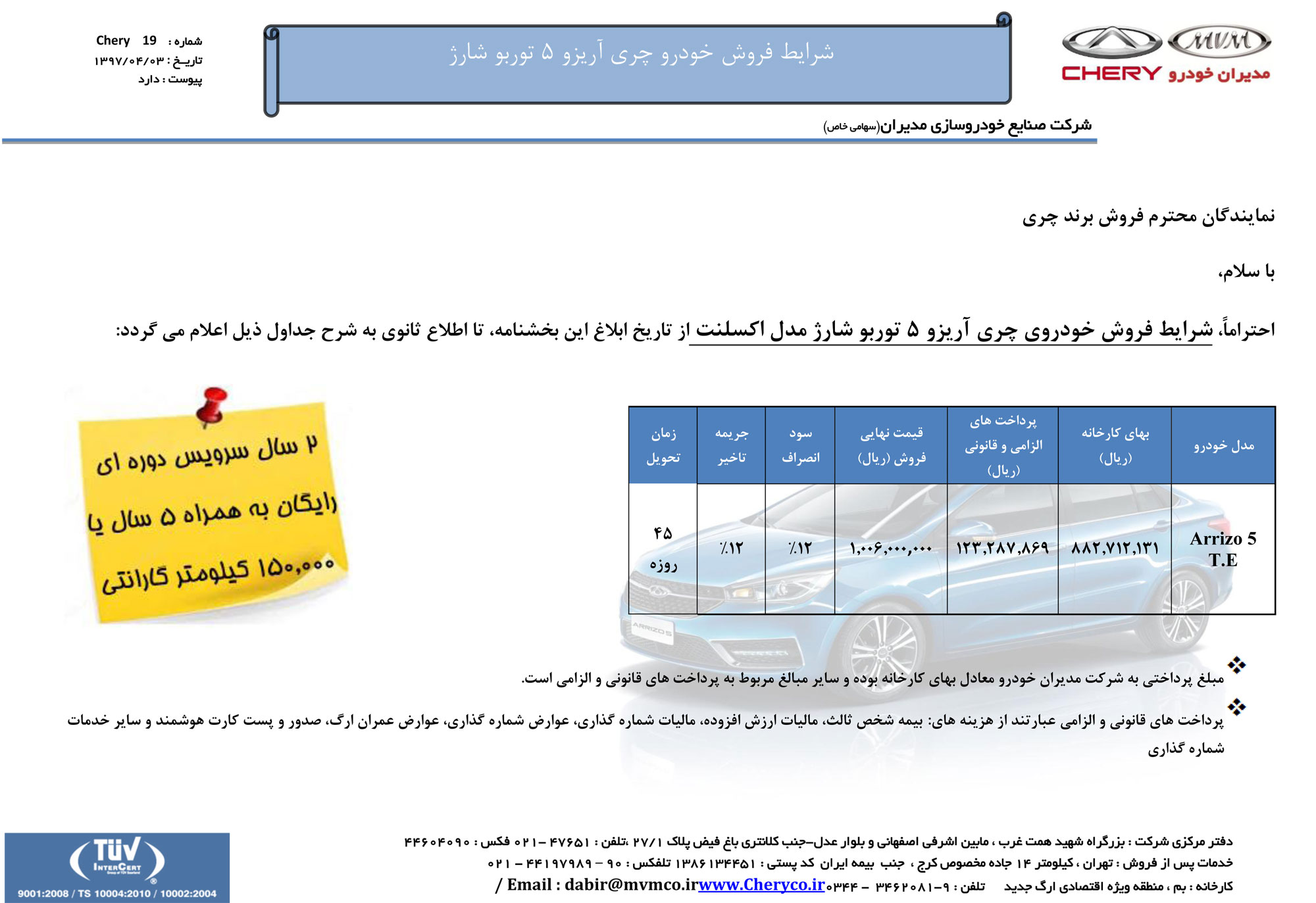 شرایط فروش چری آریزو 5 توربو شارژر