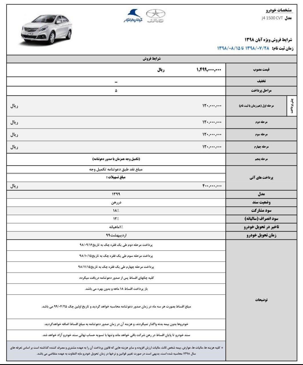 شرایط فروش جک J4 نمیه اول آبان ماه 98