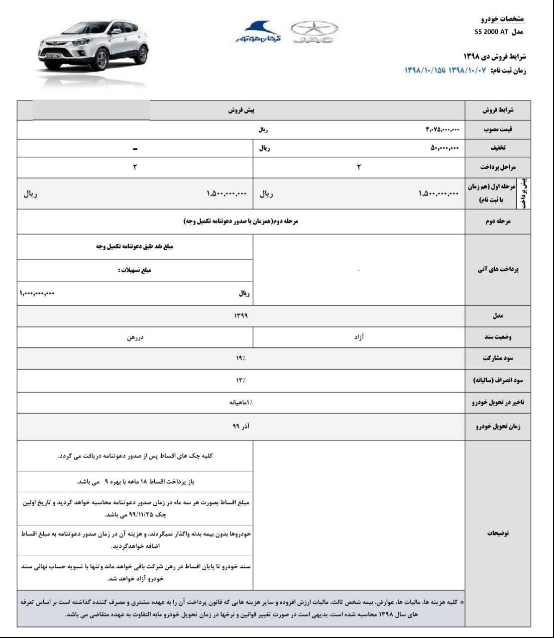 شرایط پیش فروش جک S5 ویژه دی ماه 98