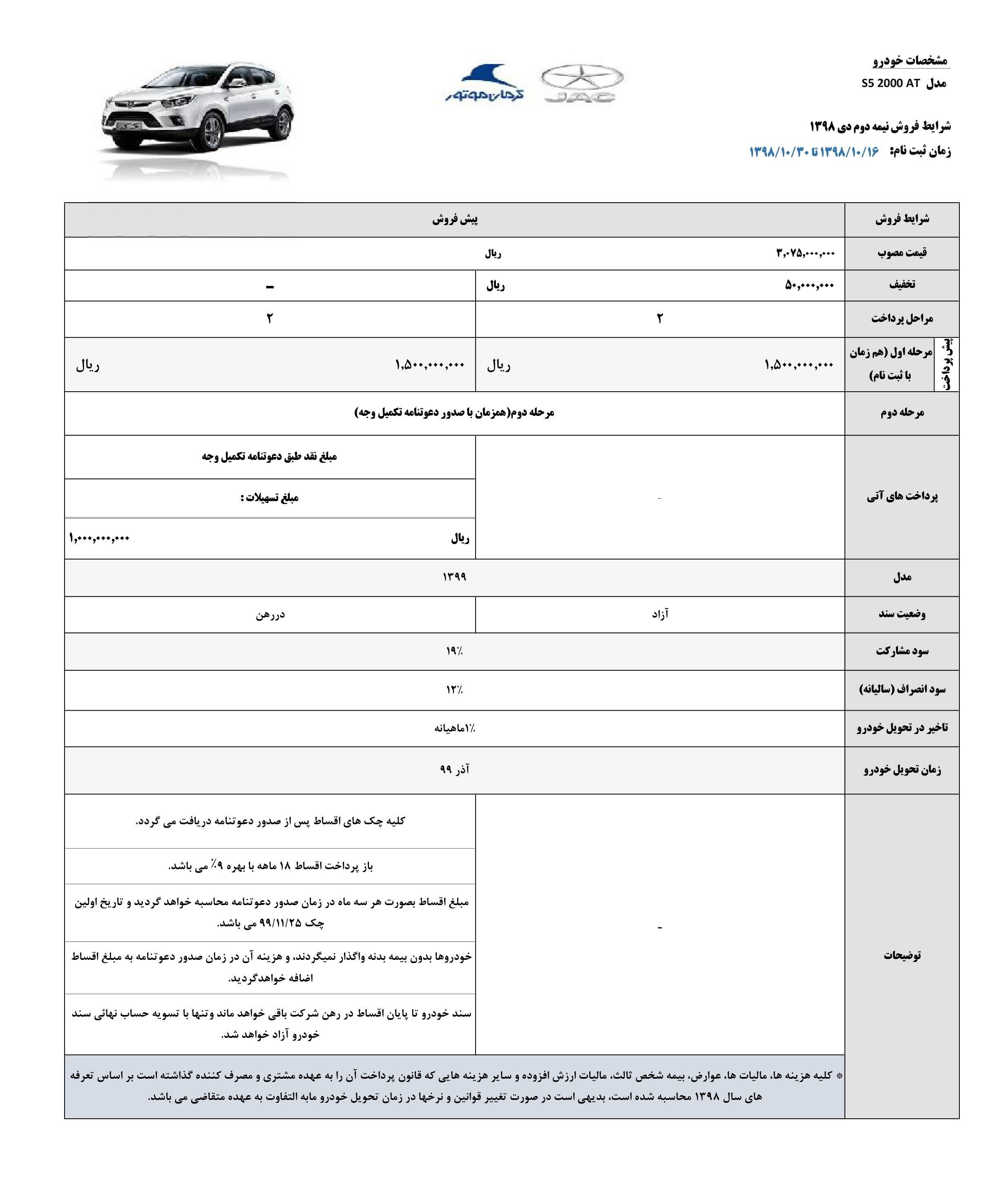 شرایط فروش جک S5 ویژه نیمه دوم دی ماه 98