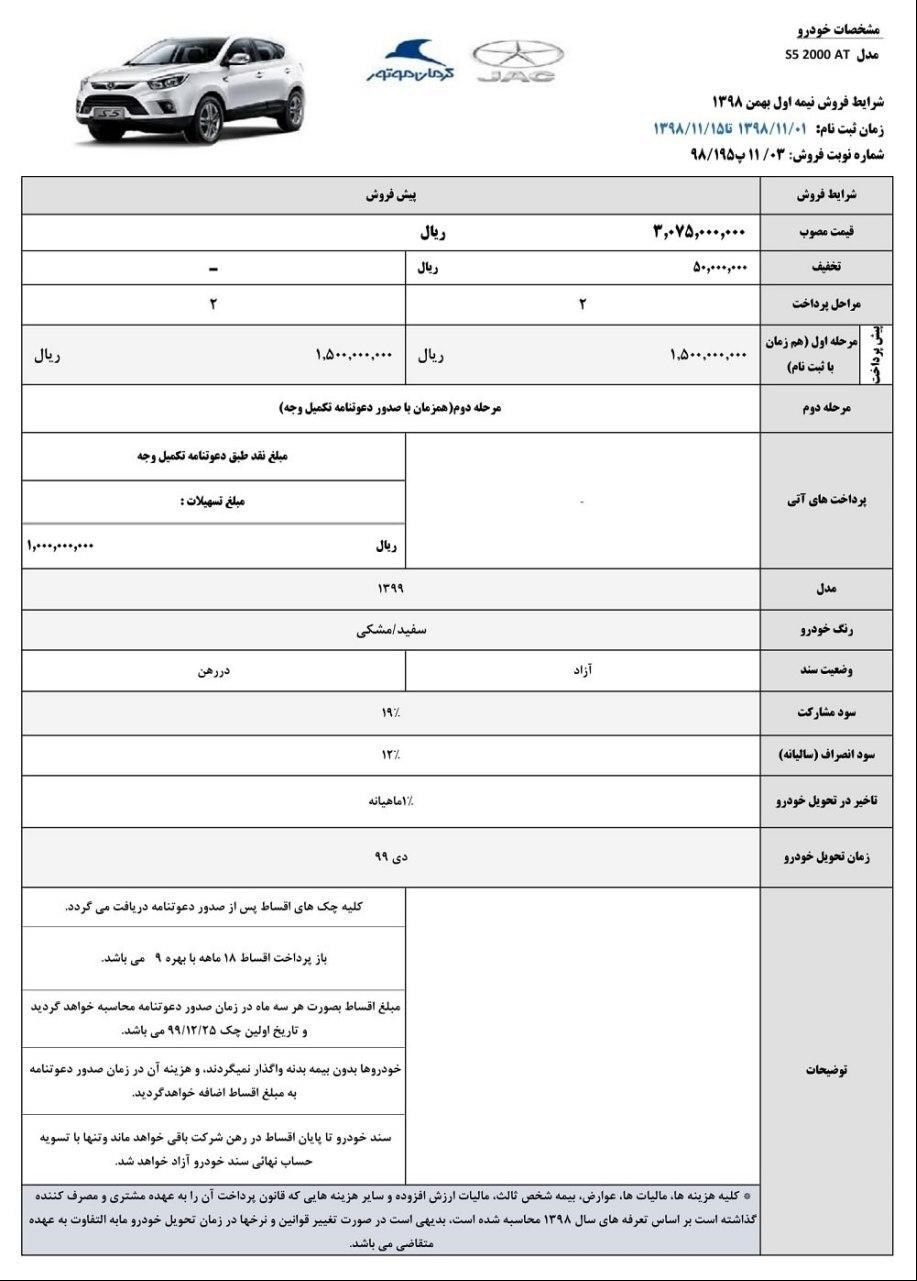 شرایط پبش فروش جک S5 بهمن 98