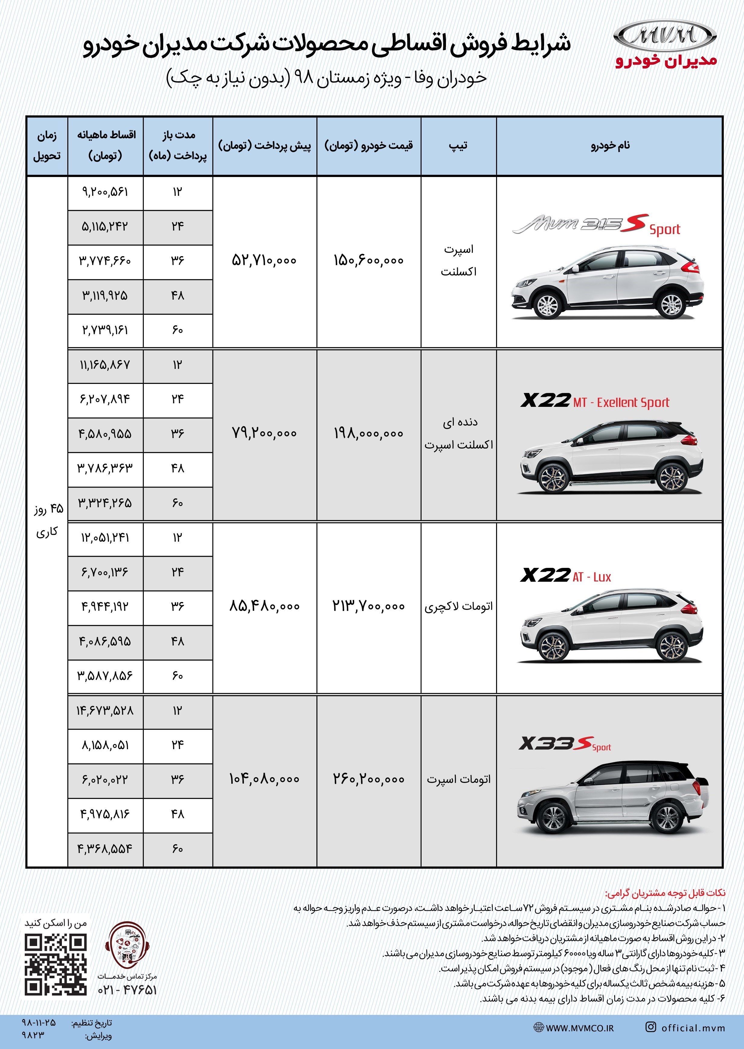 شرایط فروش اقساطی ام وی ام زمستان 98