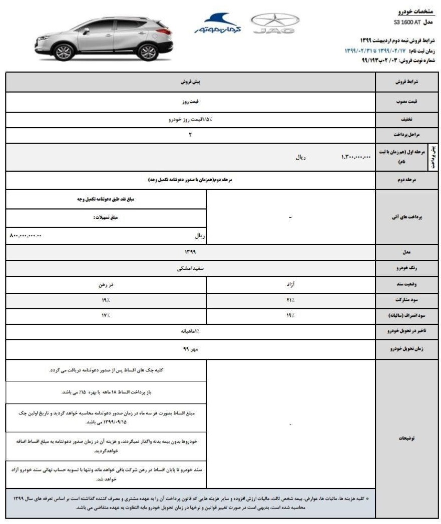 شرایط فروش جک S3 ویژه نیمه دوم اردیبهشت 99