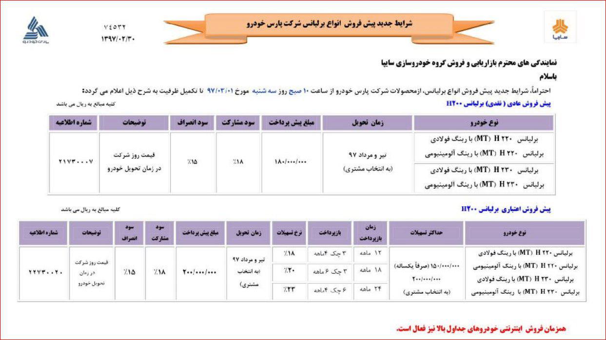 شرایط فروش برلیانس اردیبشهت 97