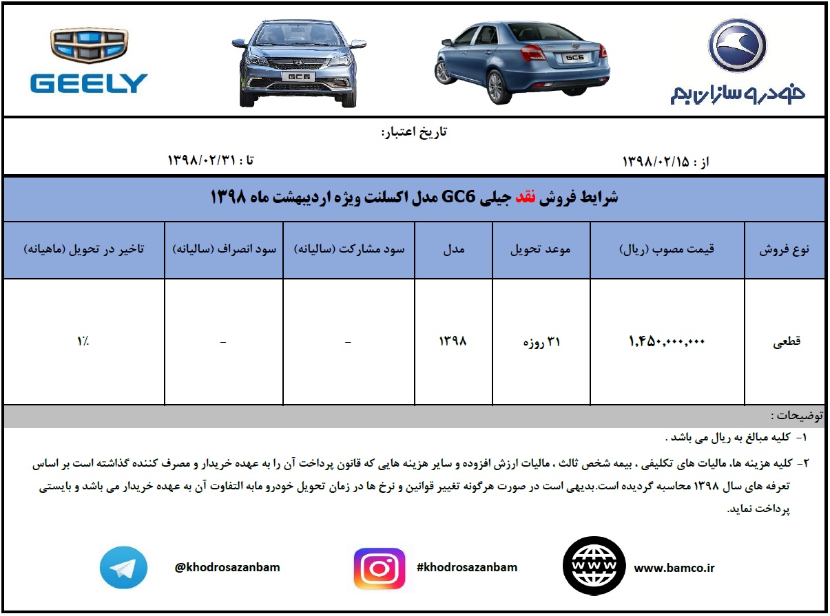 شرایط فروش جیلی GC6 اردیبهشت 97