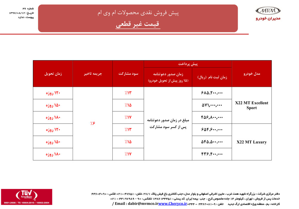 شرایط فروش ام وی ام X22/آبان 97