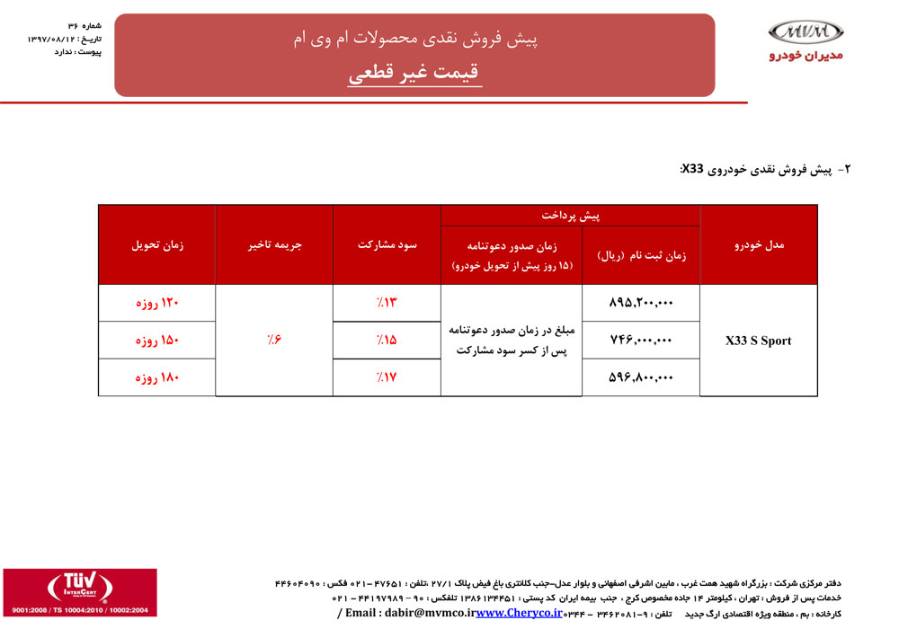 شرایط فروش ام وی ام X33 آبان 97