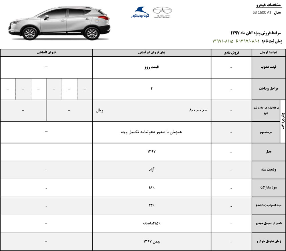 شرایط فروش جک S3 نیمه اول آبان 97