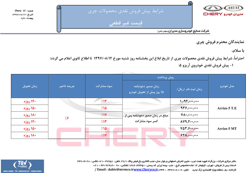 شرایط فروش محصولات چری