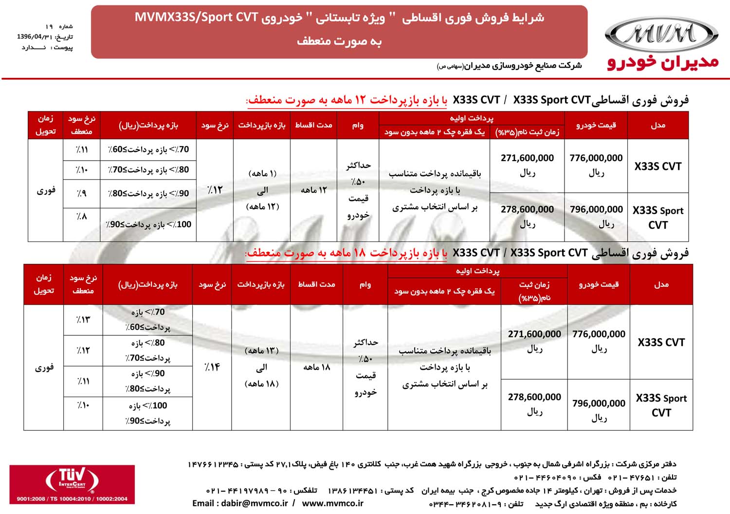 شرایط فروش اقساطی ام وی ام X33 S مرداد 96