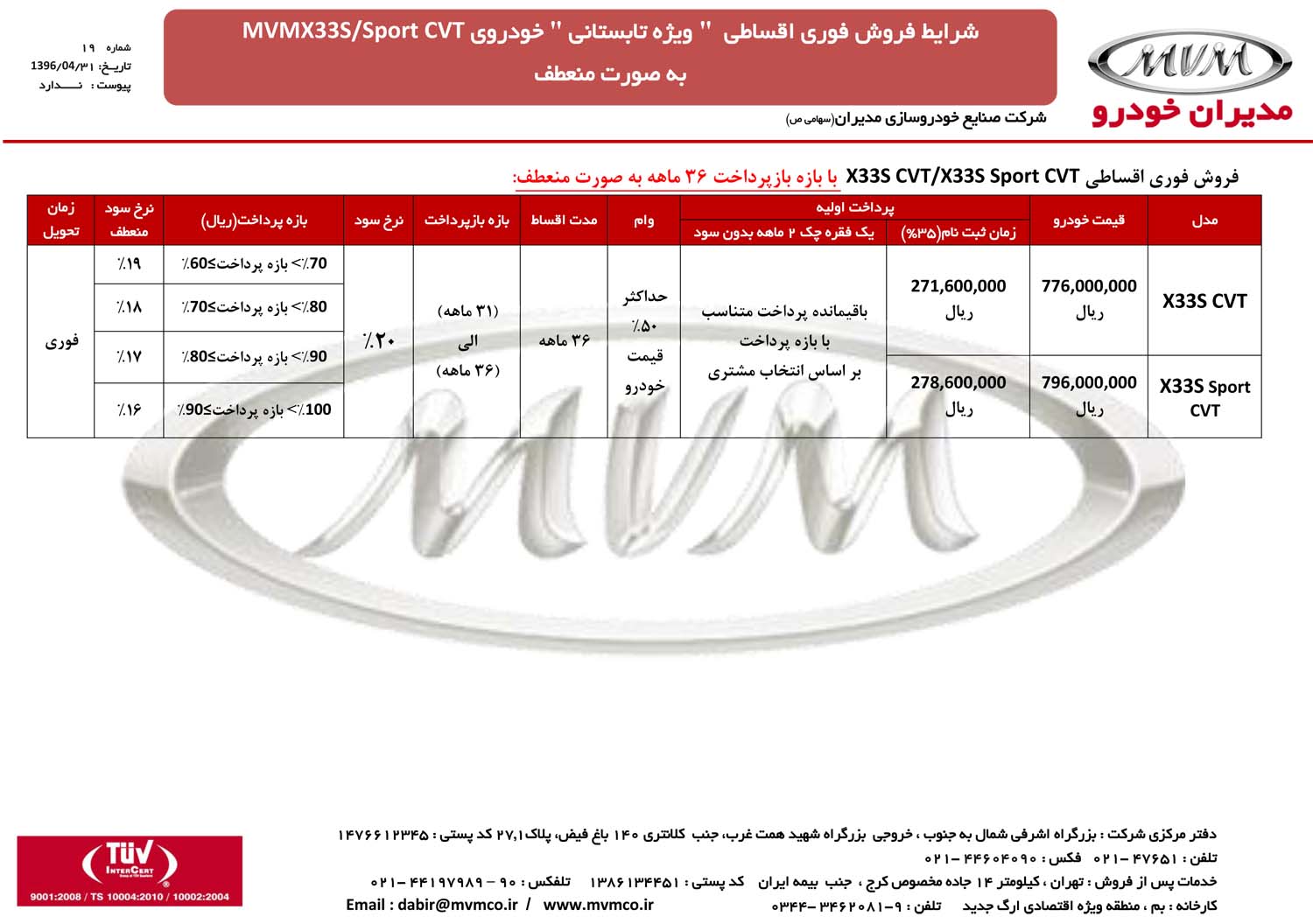 شرایط فروش اقساطی ام وی ام X33 S مرداد 96