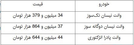 قیمت نسان وانت و پادرا