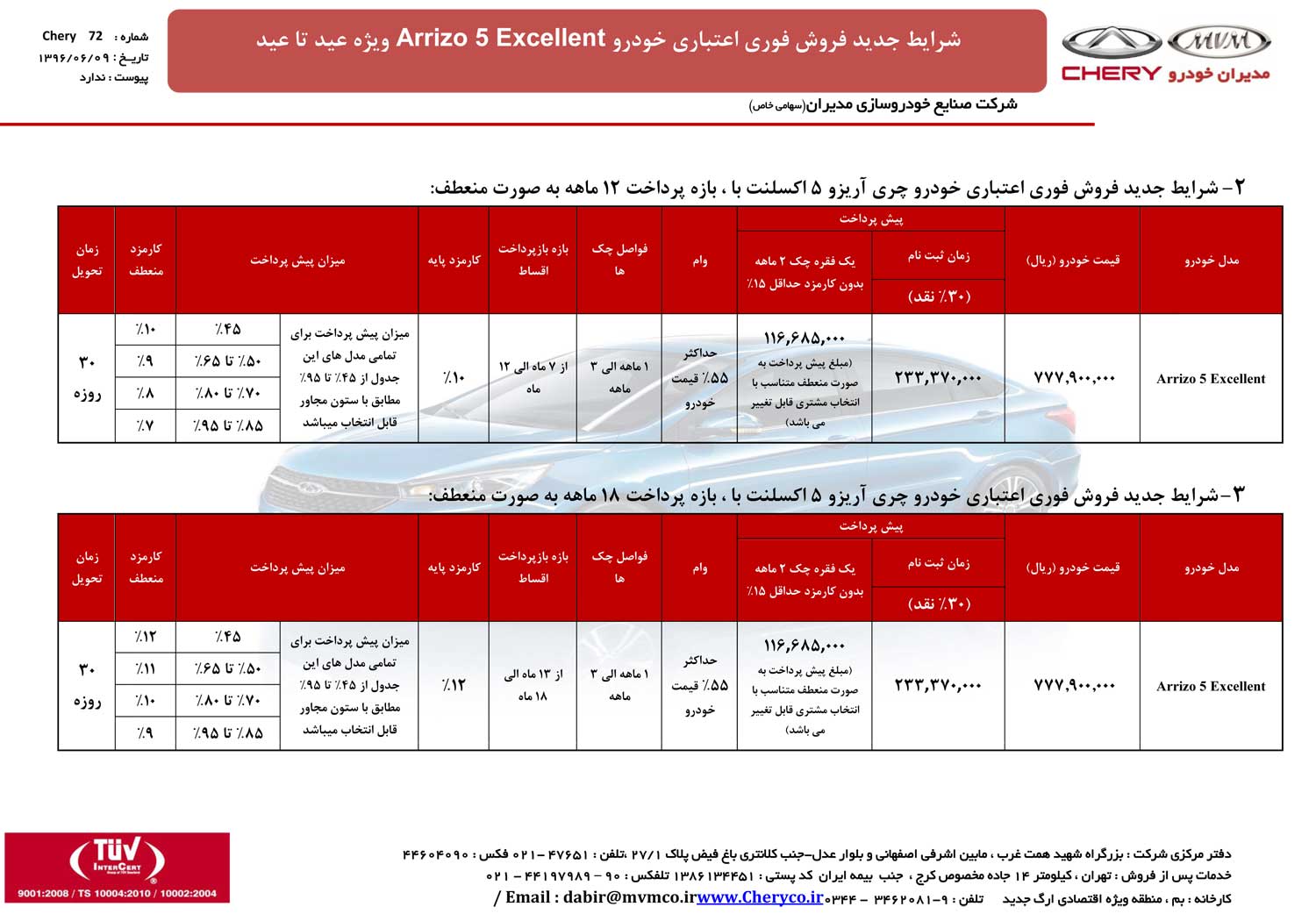 شرایط فروش چری آریزو 5 طرح عید تا عید