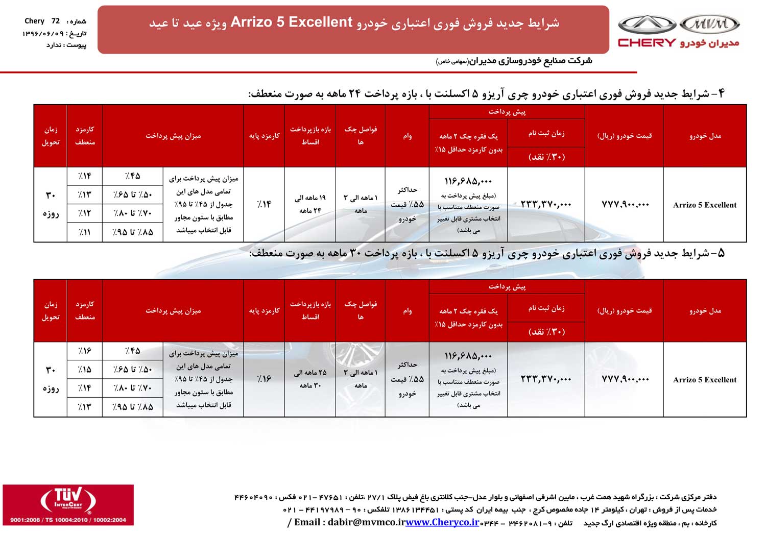 شرایط فروش چری آریزو 5 طرح عید تا عید