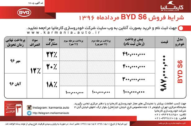 شرایط فروش بی وای دی S6 ویژه مرداد ماه