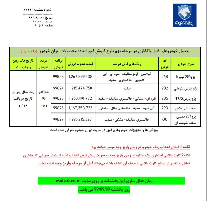 شرایط فروش ایران خودرو 5 آذر 99