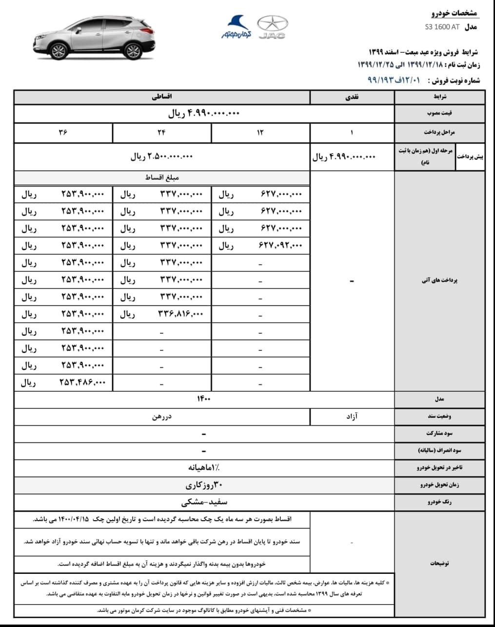 شرایط فروش جک s3 مدل 1400