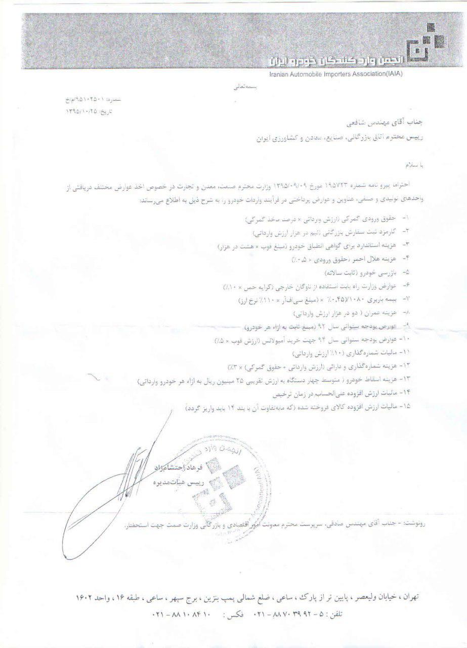سند میزان عوارض واردات خودرو