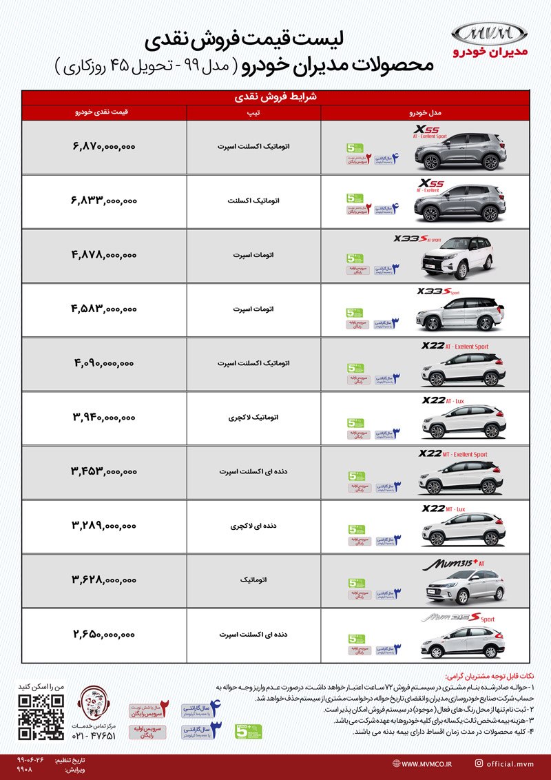 قیمت محصولات مدیران خودرو مهر 99