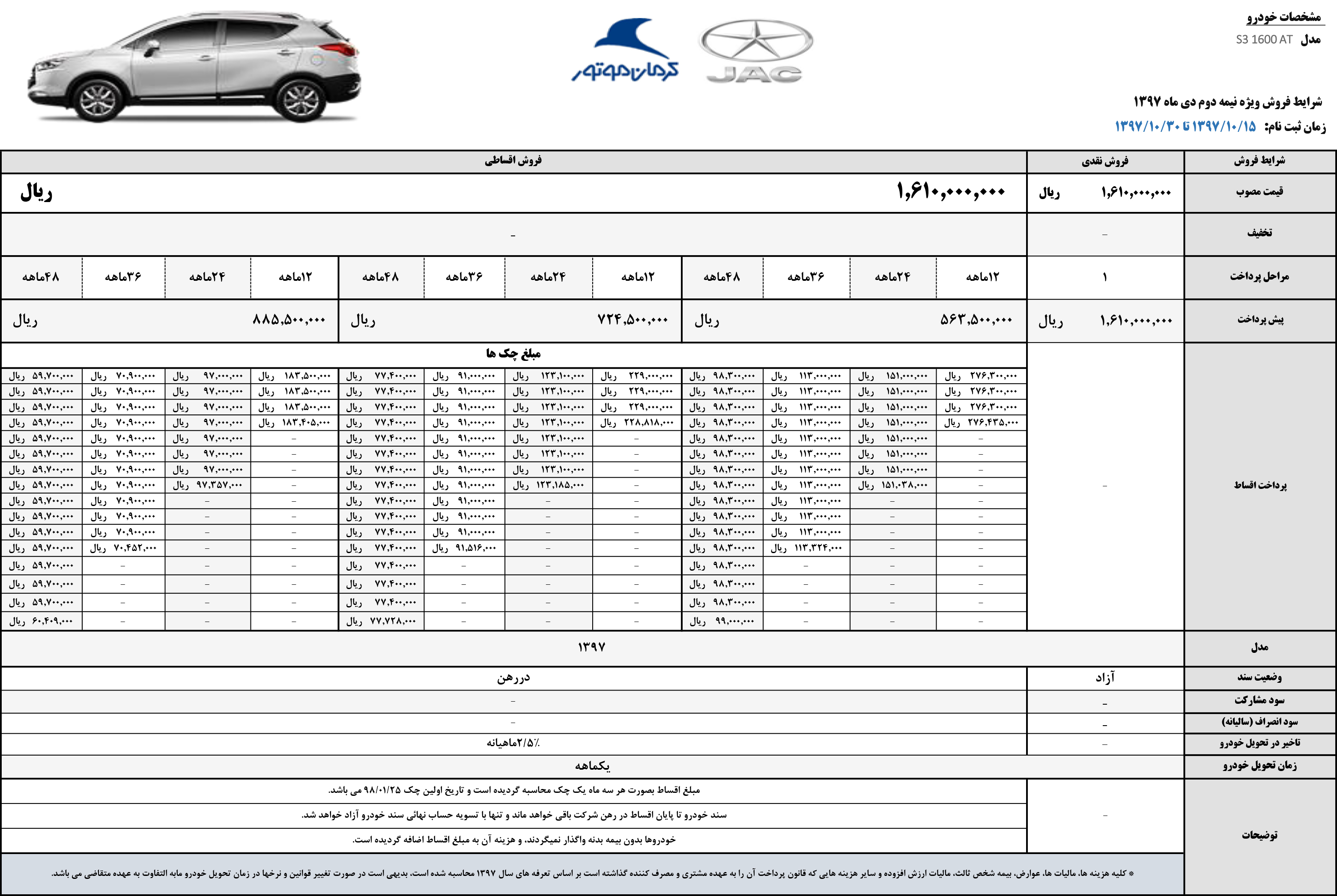 شرایط فروش جک S3 نیمه دوم مهر ماه 97