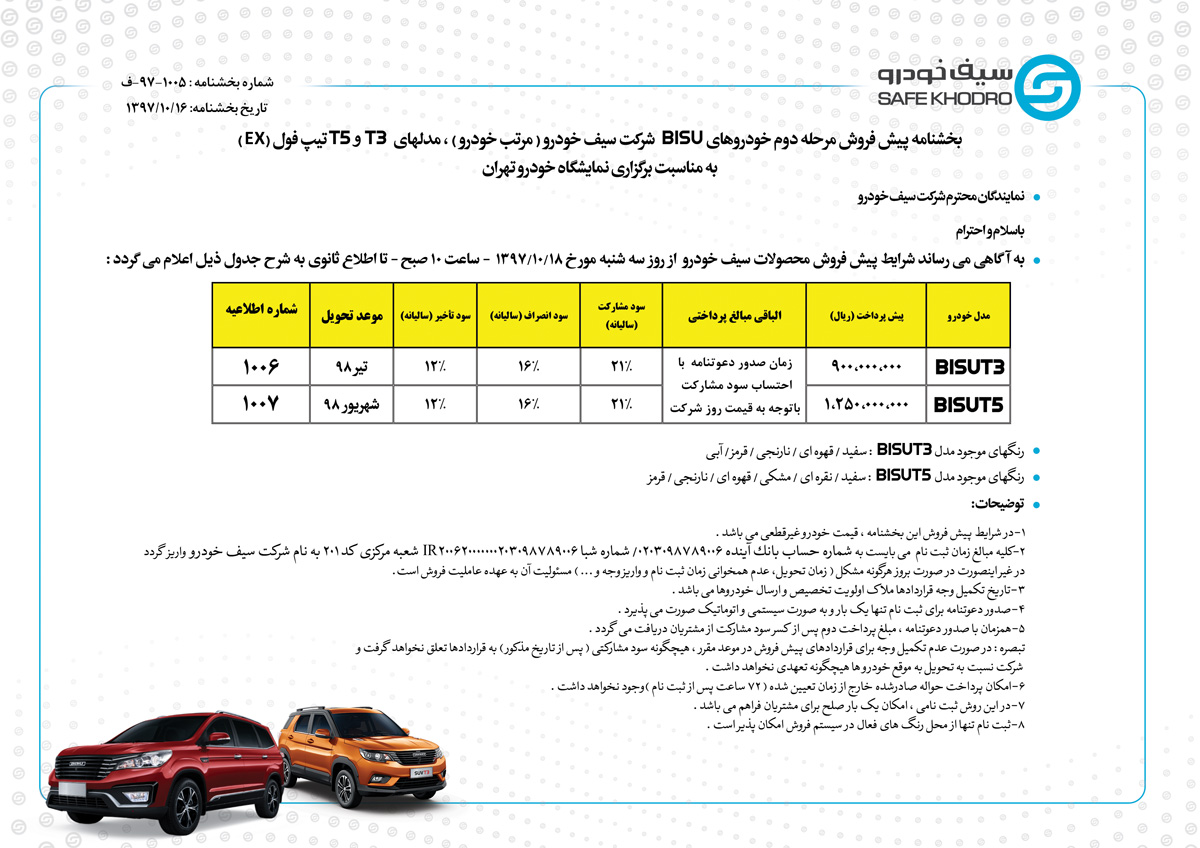 شرایط فروش بیسو T3 و بیسو T5 دیماه 97