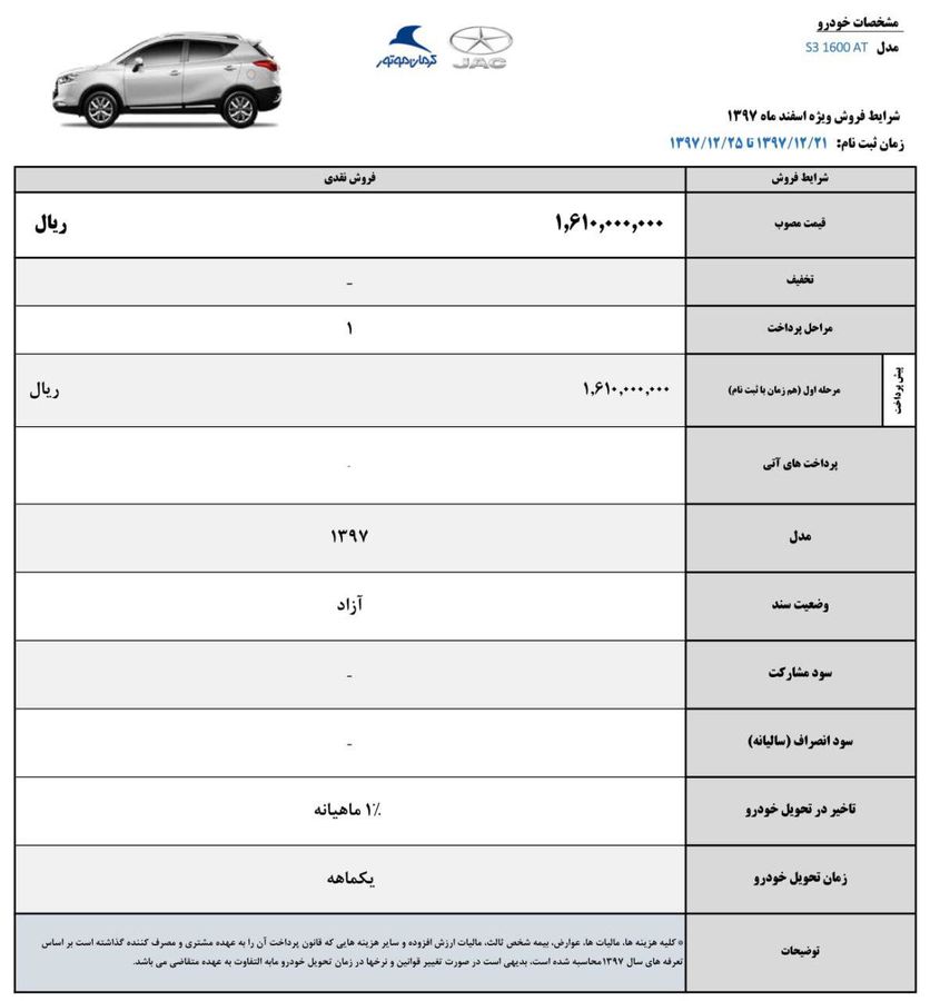 شرایط فروش جک S3 /اسفند 97