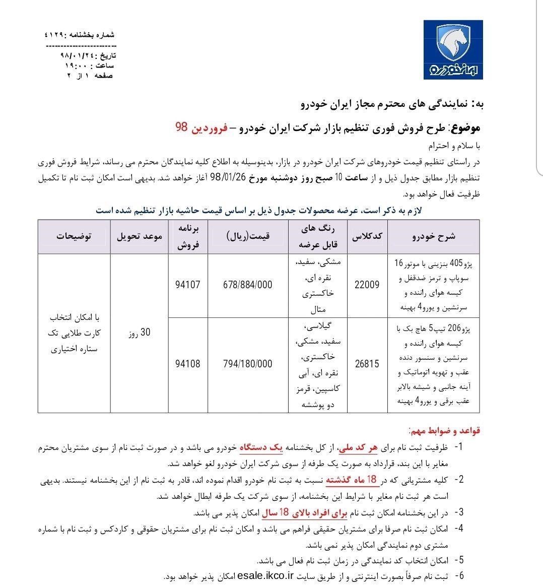 شرایط فروش ایران خودرو فروردین 98