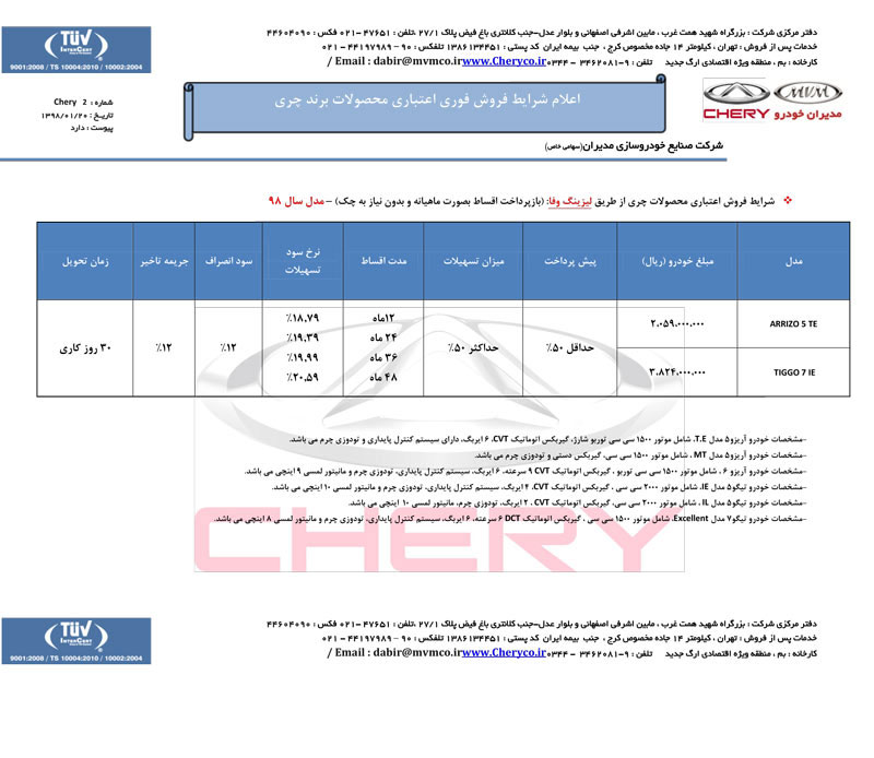 شرایط فروش چری با مدل 98