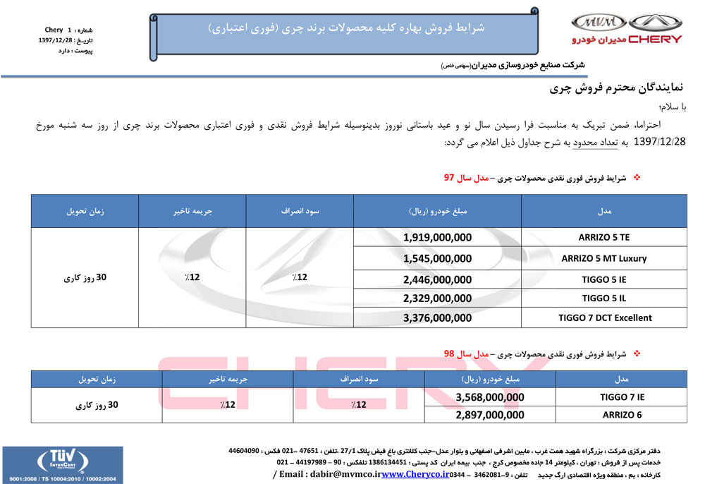 شرایط محصولات چری 98