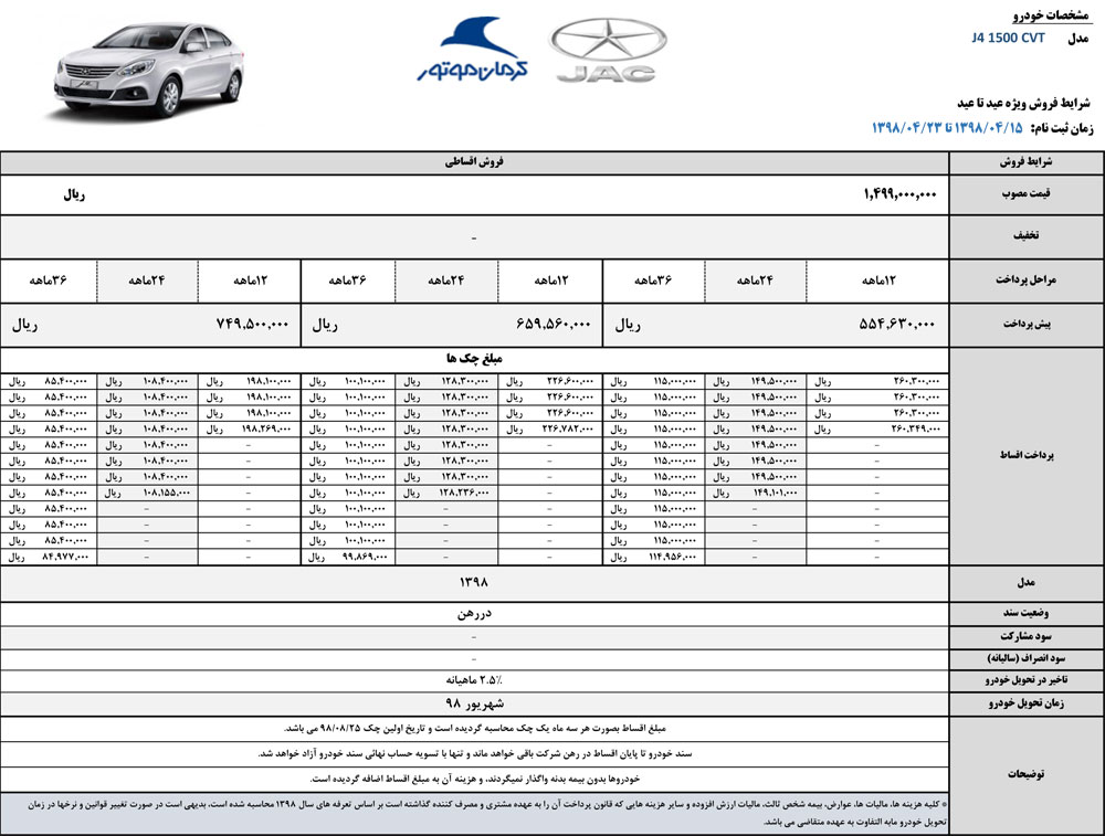 شرایط فروش جک J4 ویژه تیر ماه 98