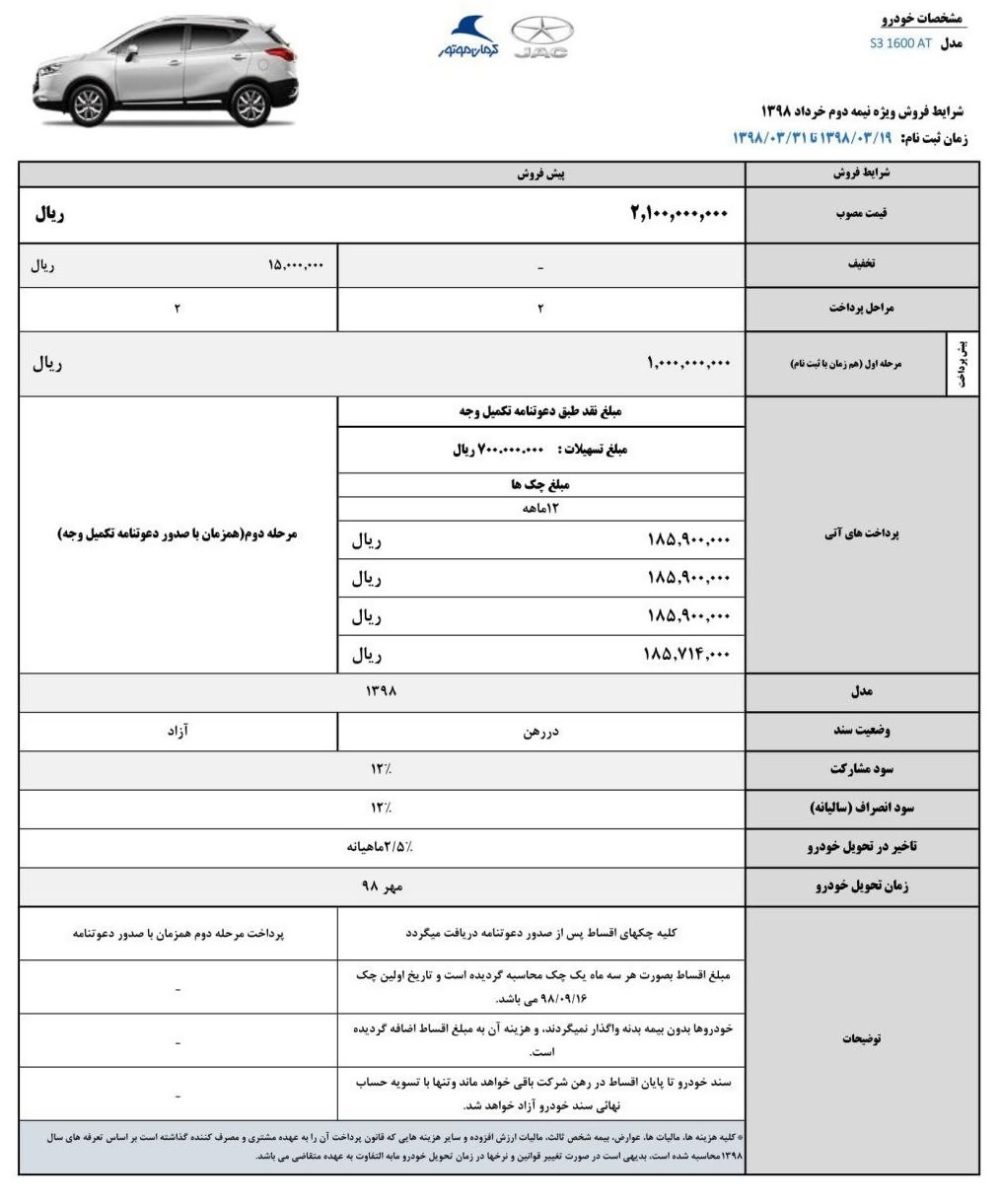 شرایط فروش جک S3 نیمه دوم خرداد 98