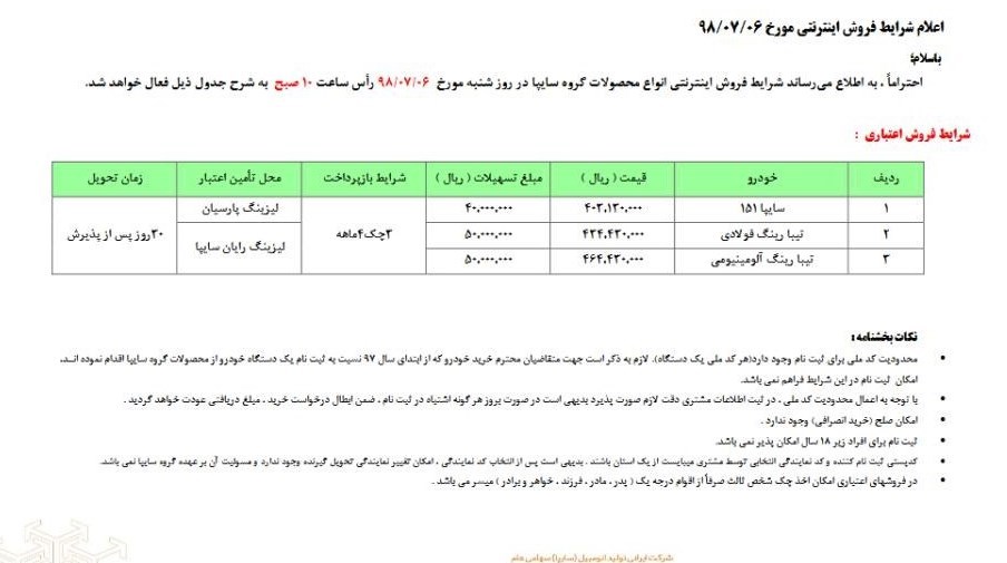 شرایط فروش مهر ماه 98