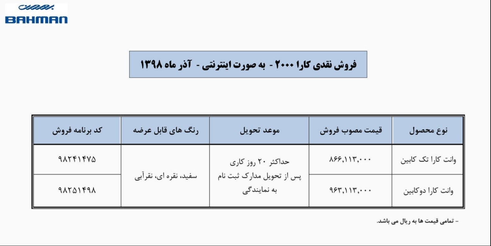 شرایط فروش نقدی وانت کارا ویژه آذر 98