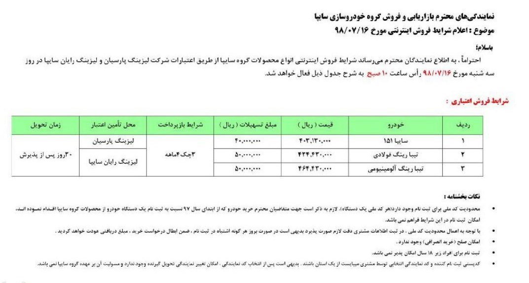 شرایط فروش مهر ماه 98