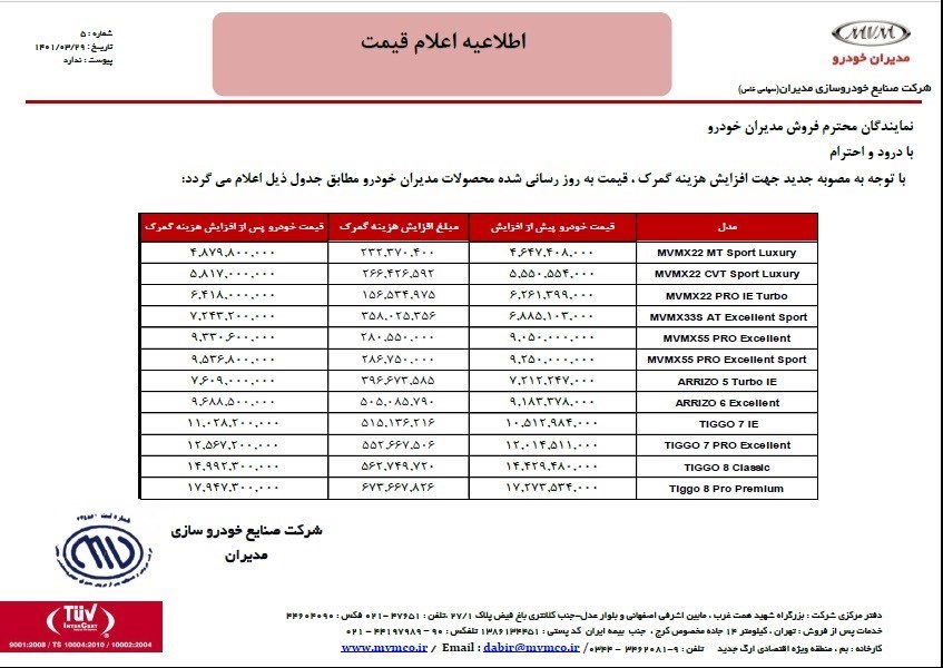 قیمت جدید محصولات مدیران خودرو