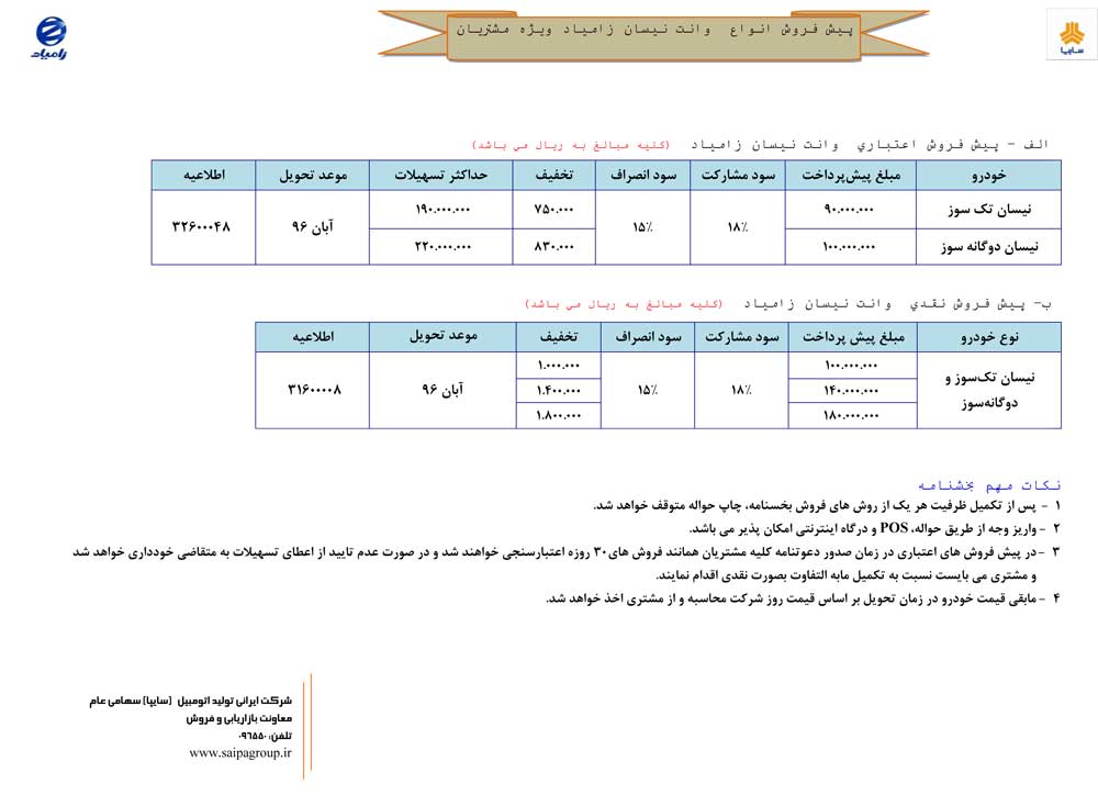 شرایط فروش وانت نیسان زامیاد مهر ماه 96