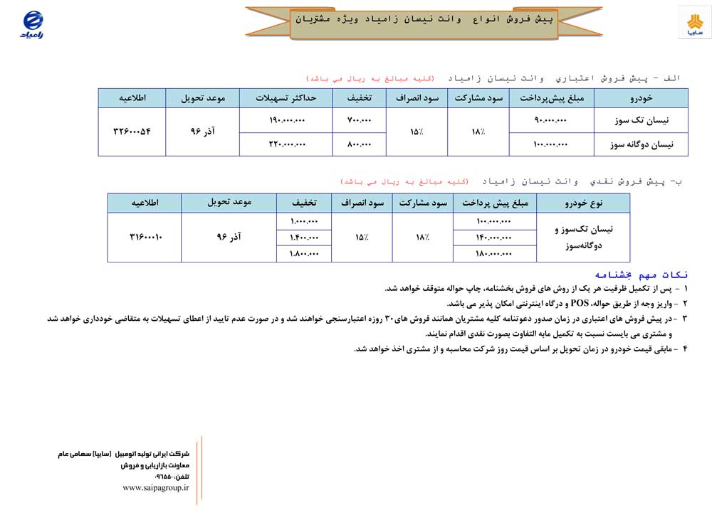 شرایط فروش نیسان وانت نیمه دوم مهر ماه 96