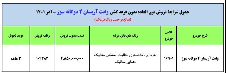 شرایط فروش آریسان 2