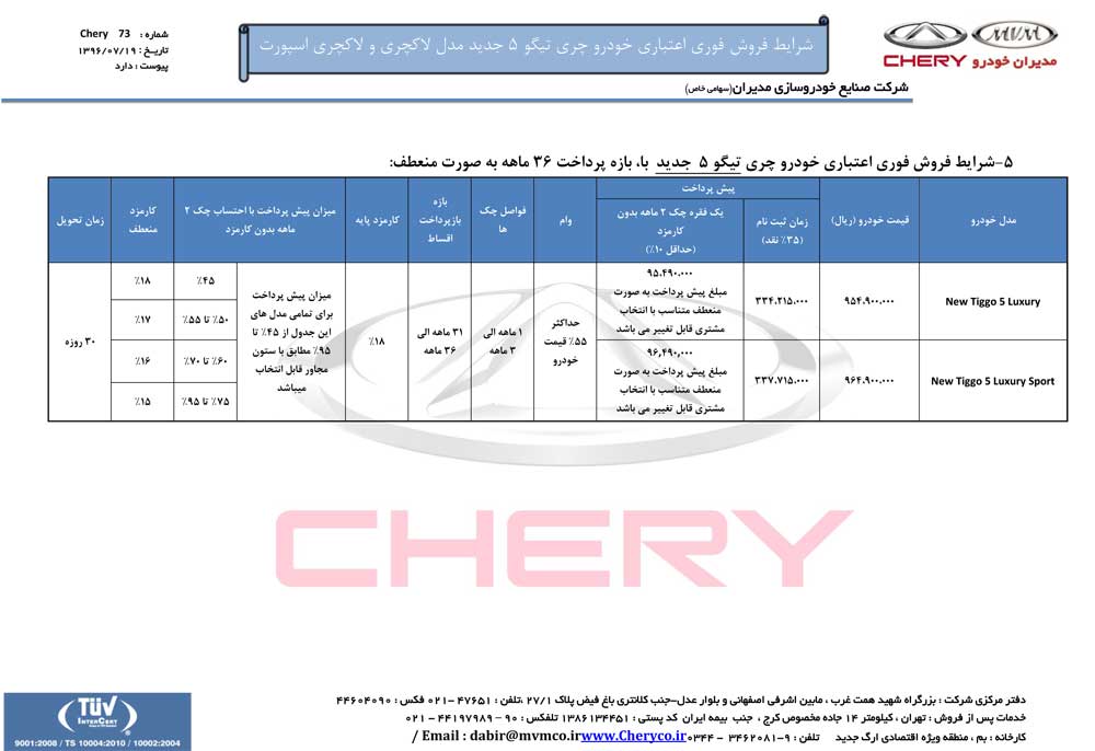 شرایط فروش تیگو 5 جدید آبان ماه 96