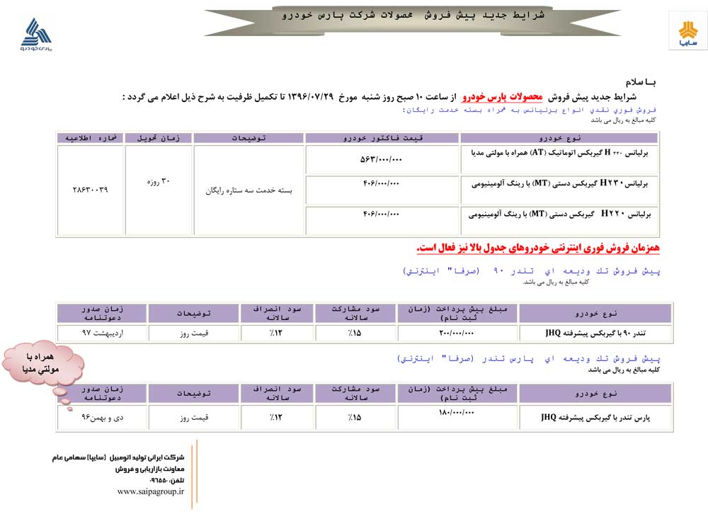 شرایط فروش محصولات پارس خودرو آبان ماه 96