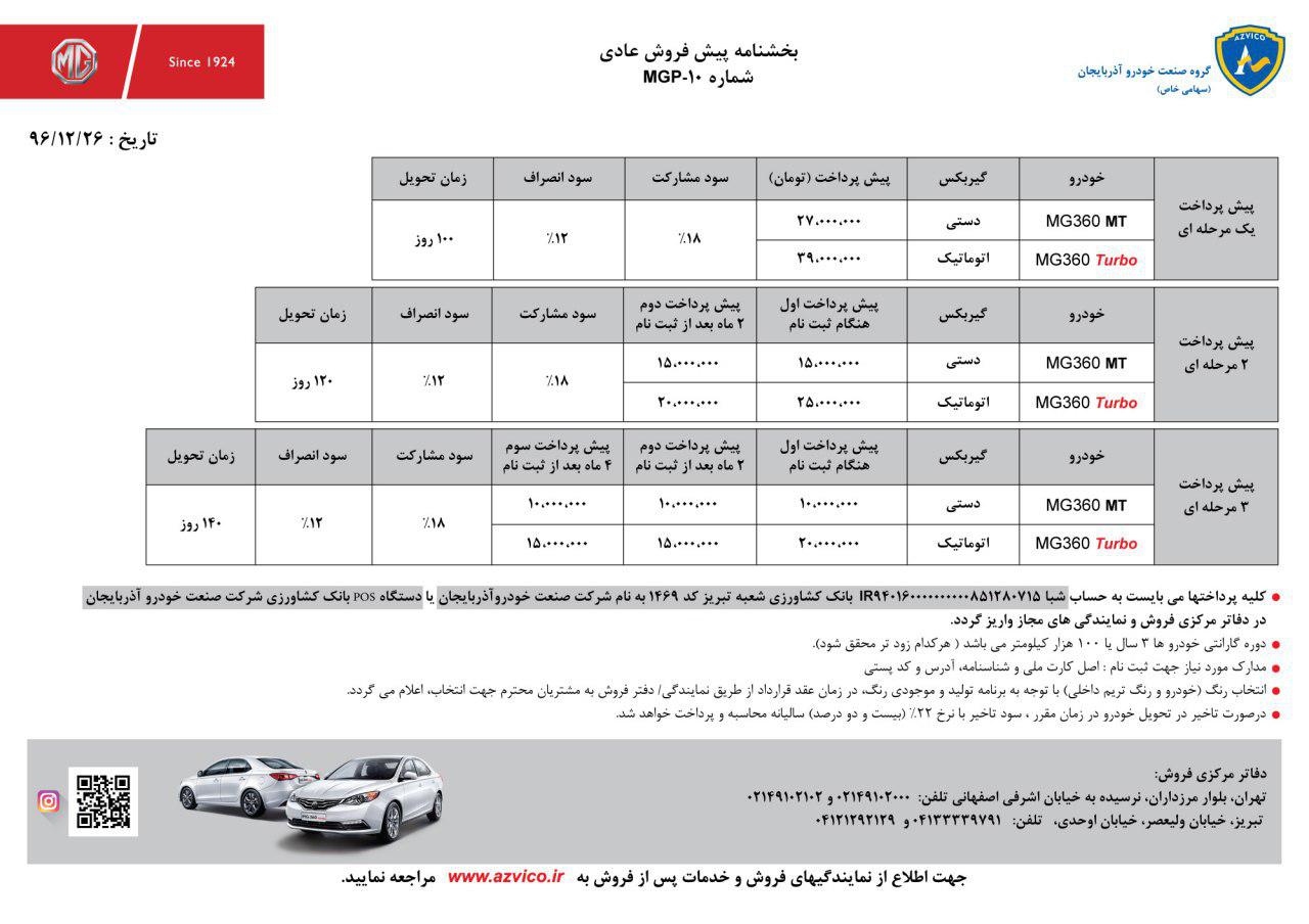 شرایط فروش ام جی 360 بهاره