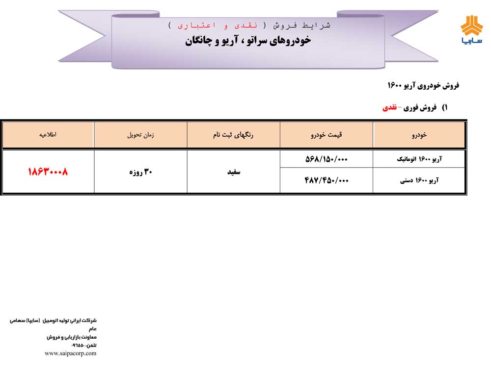 شرایط فروش سراتو چانگان و آریو نیمه دوم مهر ماه 96